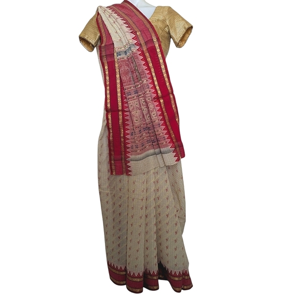 Vintage Indian Saree Red Cream Gold Pallu Without Blouse South Asian Desi Sari - Picture 1 of 10